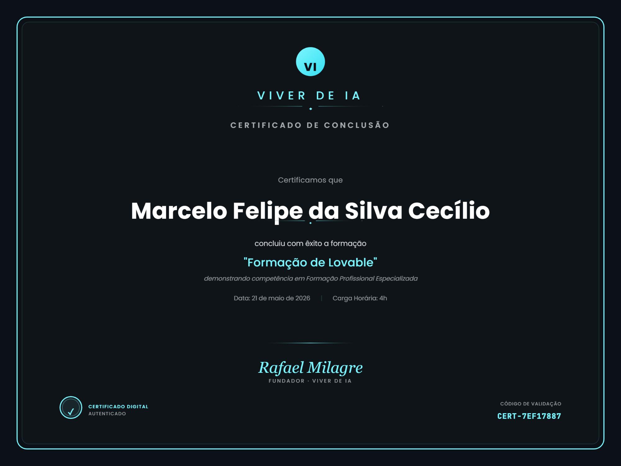 Certificado de Lovable de Marcelo Cecílio