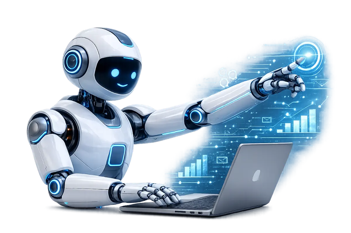 Robô de IA representando aprendizado contínuo em marketing digital