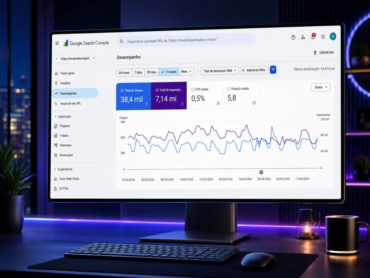 Dashboard do Google Search Console com métricas de cliques, impressões, CTR e posição média
