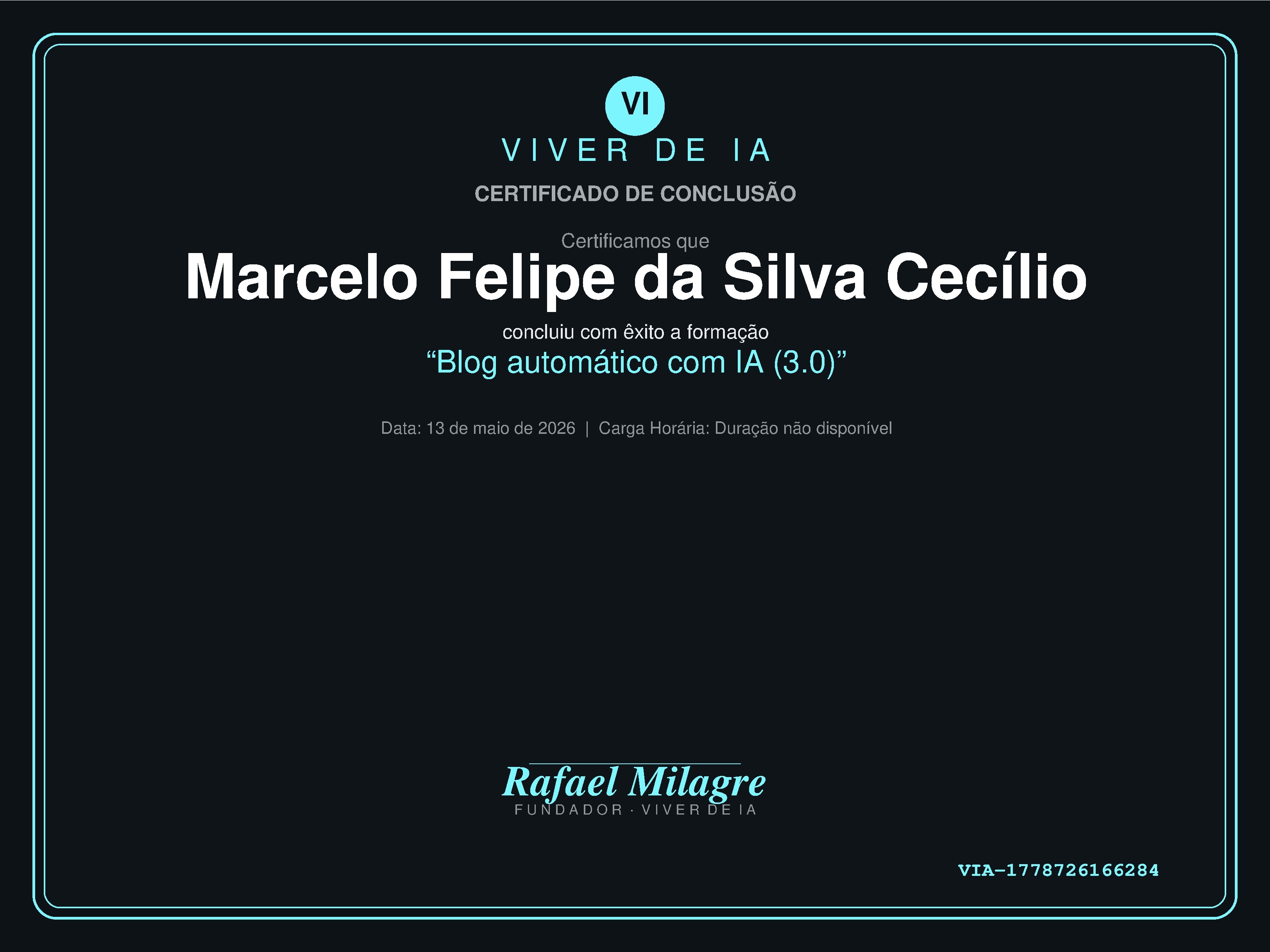 Certificado de Blog Automático com IA 3.0 de Marcelo Cecílio