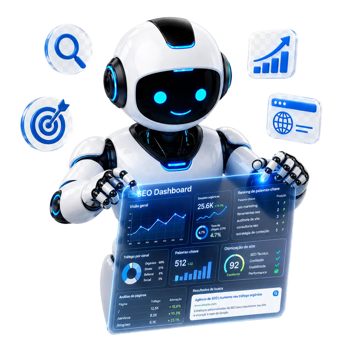 Robô de SEO segurando dashboard com métricas de tráfego orgânico e palavras-chave